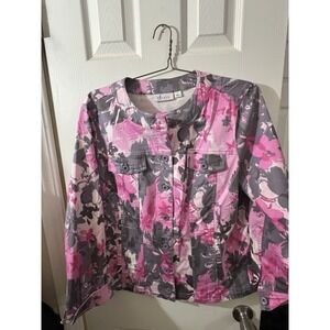 D‎ & Co Denim Jacket Women's Size Large Soft Pink Gray Floral Buttoned Fitted